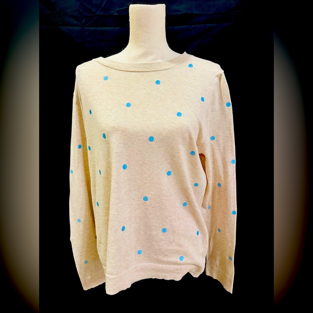 J. Crew Long Sleeve Light Beige & Baby Blue Polka Dot Sweater Top; Size XL